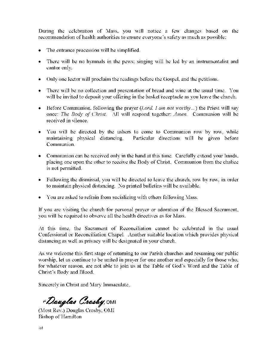 DioceseHamilton's tweet photo. A Letter to Parishioners from His Excellency, Bishop Crosby regarding the re-opening of churches and the practices that will be in place to assure continued safety for all. https://t.co/JQSFkPkSrO https://t.co/QuijykSxUv