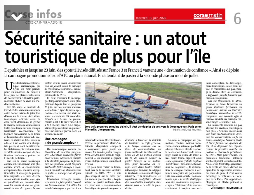 ATC_corse's tweet photo. Corse, destination confiance : le nouveau produit d’appel de @CorsicaPro [ATC]. Première étape d’une campagne de promotion sur fond de réassurance sanitaire.
À lire dans @corsematin https://t.co/MhEClF0ggQ