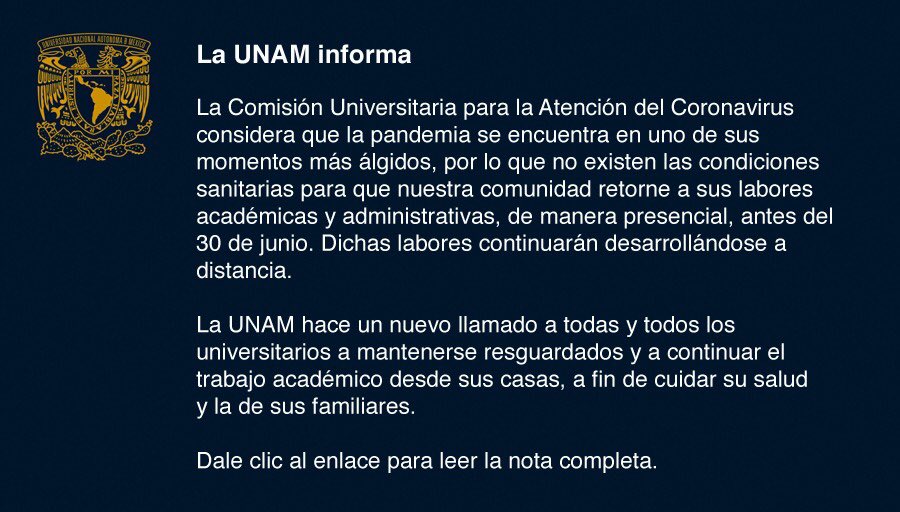 UNAM_MX's tweet photo. #BoletínUNAM La UNAM informa > https://t.co/exKZNG2N4D
#QuedémonosEnCasa https://t.co/KnZB7ZhCRo