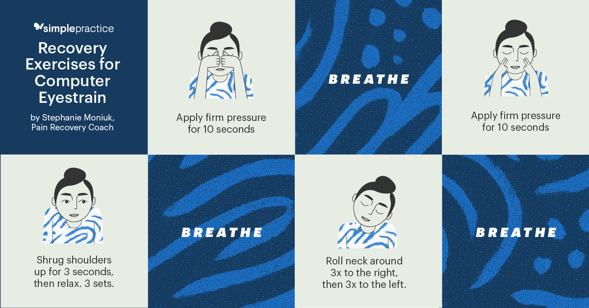 simplepractice's tweet photo. Are your eyes tired from back-to-back #telehealth sessions? @stephaniemoniuk shares these simple but effective recovery exercises to help her peers avoid eyestrain.

See what other tips and tricks your peers are sharing in the SimplePractice Community. https://t.co/tANDIvqMCs https://t.co/3llQVCbD9Z