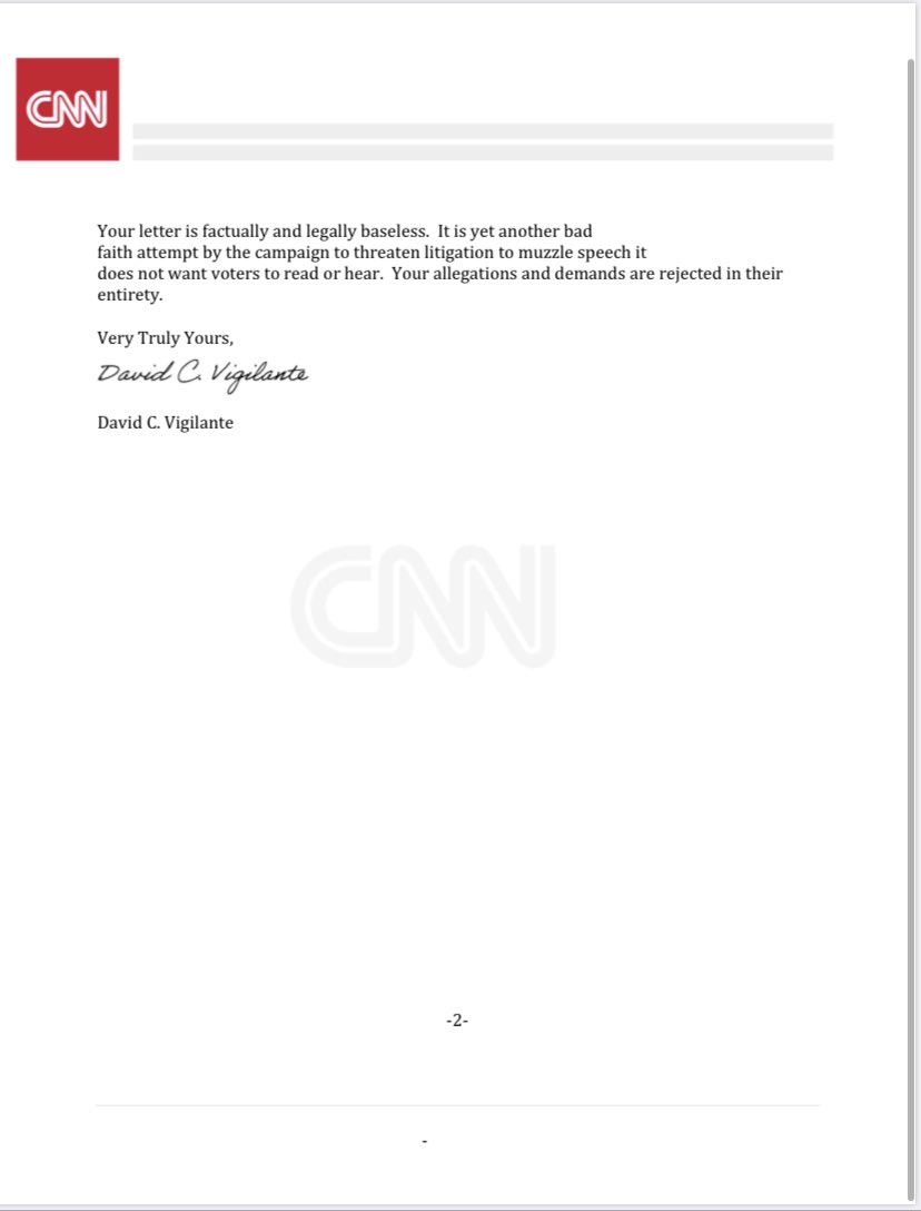 Official response from CNN General Counsel to @TeamTrump‘s letter demanding CNN apologize for a poll that shows @JoeBiden leading.