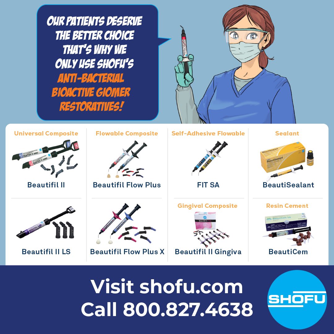 ShofuUSA's tweet photo. Shofu is proud to announce the 20th anniversary of Bioactive Giomer Technology 🥳
The healthful properties include anti-bacterial/anti-plaque effect, acid neutralization, fluoride release and recharge, and more!
#shofu #giomer #bioactive #beautifil #beautifilflowplus #fitsa https://t.co/Jgj7LZsgQT