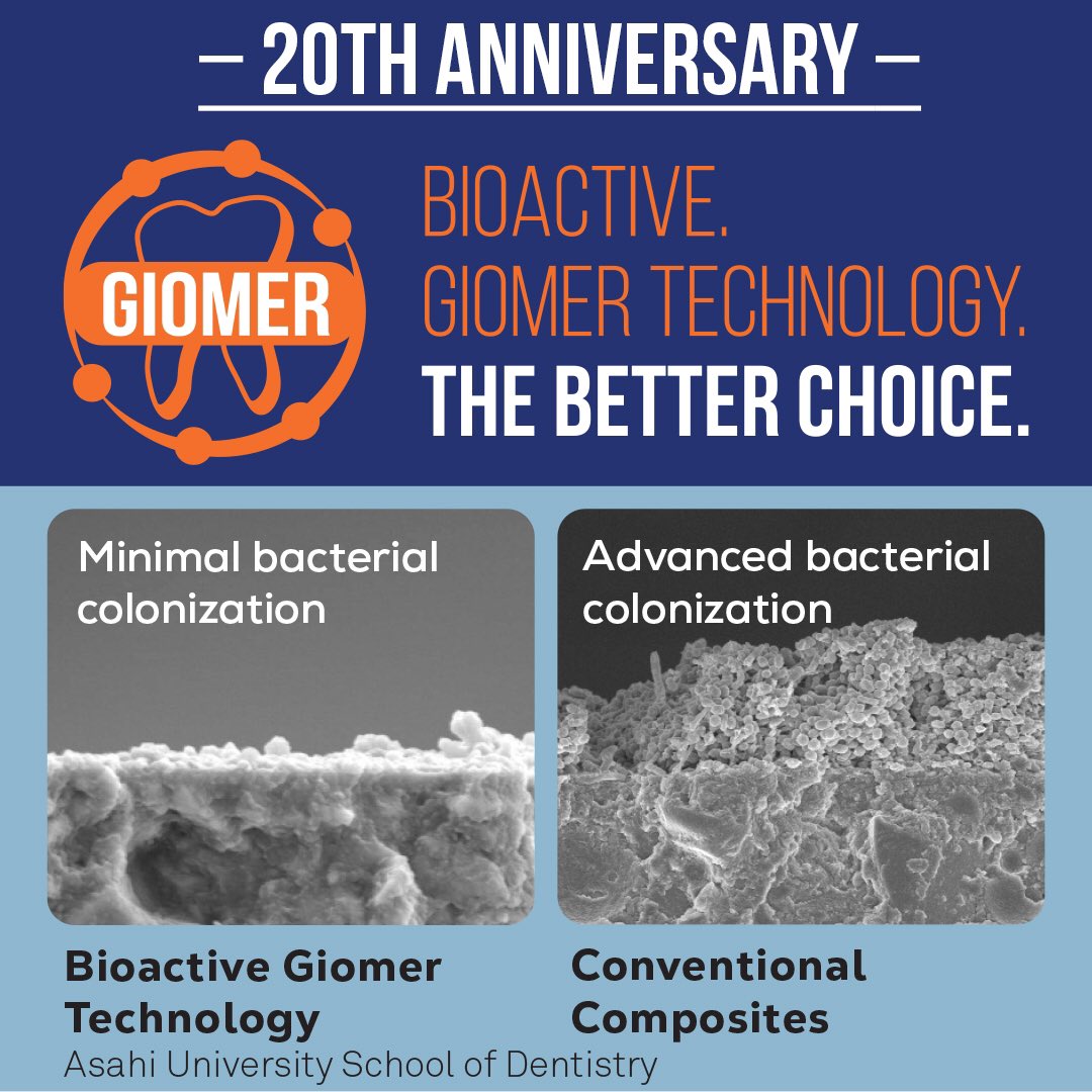 ShofuUSA's tweet photo. Shofu is proud to announce the 20th anniversary of Bioactive Giomer Technology 🥳
The healthful properties include anti-bacterial/anti-plaque effect, acid neutralization, fluoride release and recharge, and more!
#shofu #giomer #bioactive #beautifil #beautifilflowplus #fitsa https://t.co/Jgj7LZsgQT