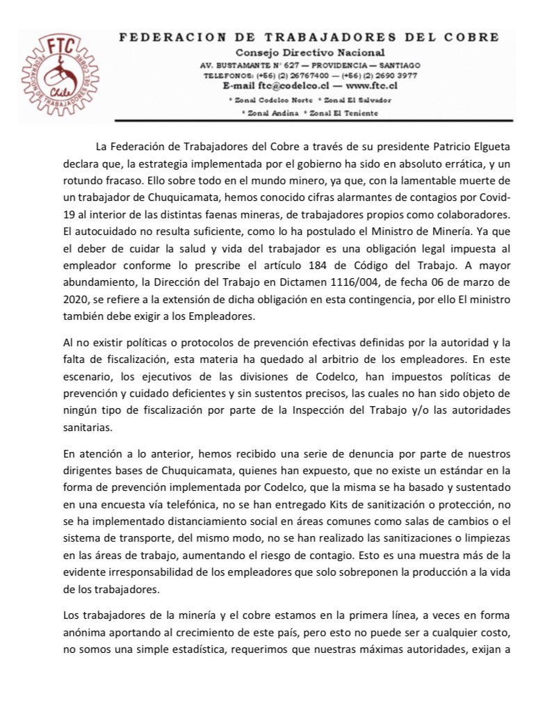 FTCobre's tweet photo. #FTCDeclara Patricio Elgueta, presidente de @FTCobre denuncia que los mineros de Chile “no somos una simple estadística” y acusa que @CodelcoChile no implementa todas las medidas de sanitización y seguridad en las faenas! Llama a la unidad sindical! @fedeminerachile @Fesuc_Chile https://t.co/Qx4CQssmYB