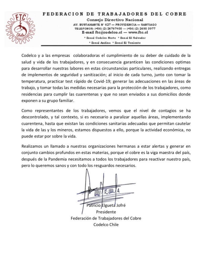 FTCobre's tweet photo. #FTCDeclara Patricio Elgueta, presidente de @FTCobre denuncia que los mineros de Chile “no somos una simple estadística” y acusa que @CodelcoChile no implementa todas las medidas de sanitización y seguridad en las faenas! Llama a la unidad sindical! @fedeminerachile @Fesuc_Chile https://t.co/Qx4CQssmYB