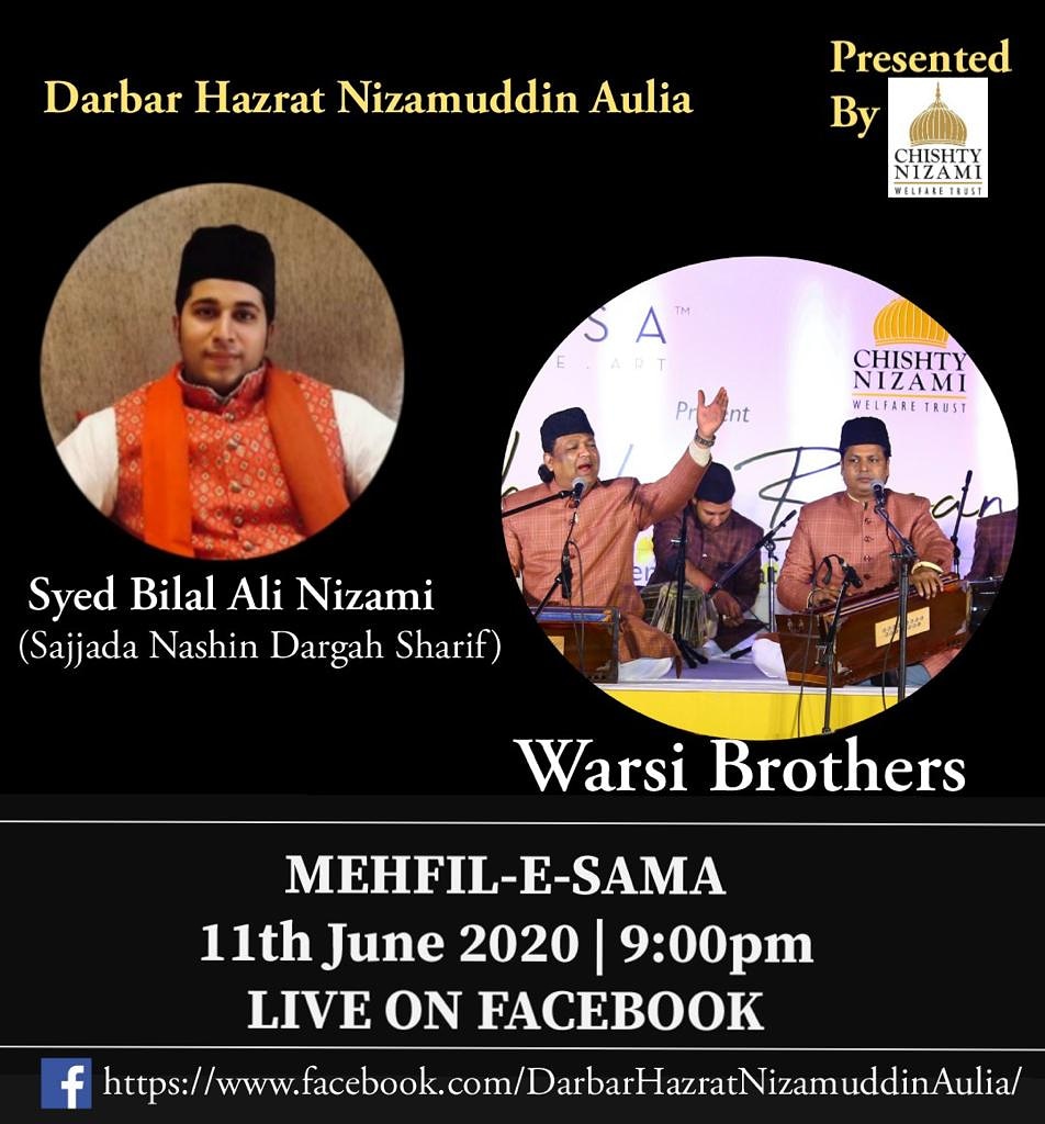 WarsiBros's tweet photo. We #WarsiBrothers Coming Live On Darbar Hazrat Nizamuddin Aulia #Facebook Page Of Sajjada Nashin #SyedBilalAliNizami @SyedBilalNizami

Date 11 June 2020 
Time 9:00pm

Presented By #ChishtyNizamiWelfareTrust
#Mehfil_E_Sama https://t.co/4NokPU44Tx