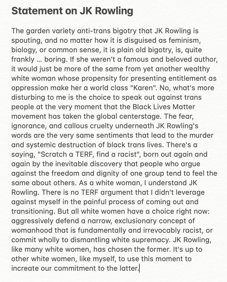 Here's all I really want to say about #JKRowling. tl/dr The best way to fight TERF ideology is to commit to dismantling white supremacy.