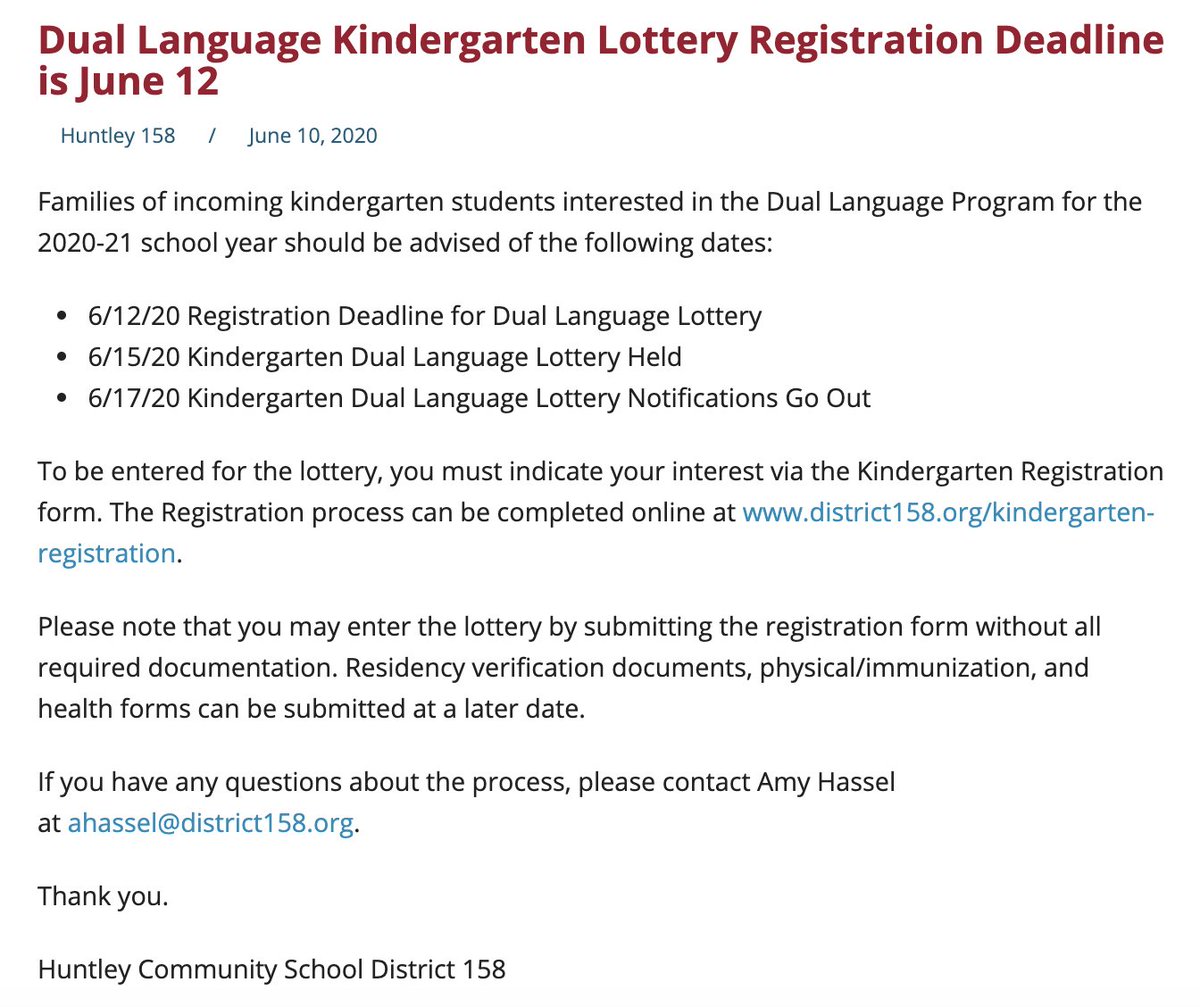 Dist158's tweet photo. The registration deadline for families to enter the lottery for Dual Language Kindergarten is June 12. https://t.co/9MIp7xuXT0 https://t.co/aaNelgLz8b