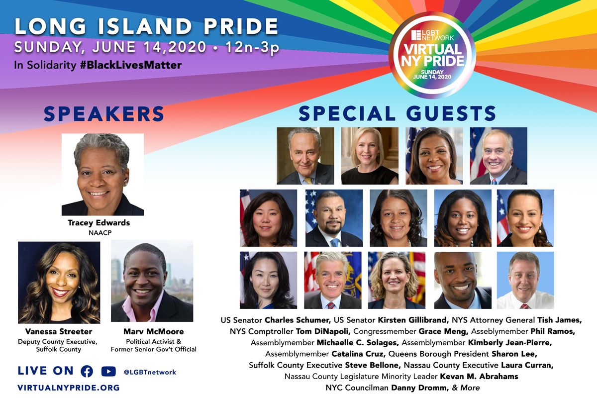 LIPride's tweet photo. Long Island Virtual Pride, Sunday June 14th, from noon to 3pm. Watch live on Facebook or Youtube. 
@MarvMcMoore @SenSchumer @SenGillibrand @TishJames @TomDiNapoli @RepGraceMeng @PhilRamos6AD @MichaelleSolage @CatalinaCruzNY
 @SteveBellone @NassauExecutive @Kevan_Abrahams @Dromm25 https://t.co/FKN9aRF2pS