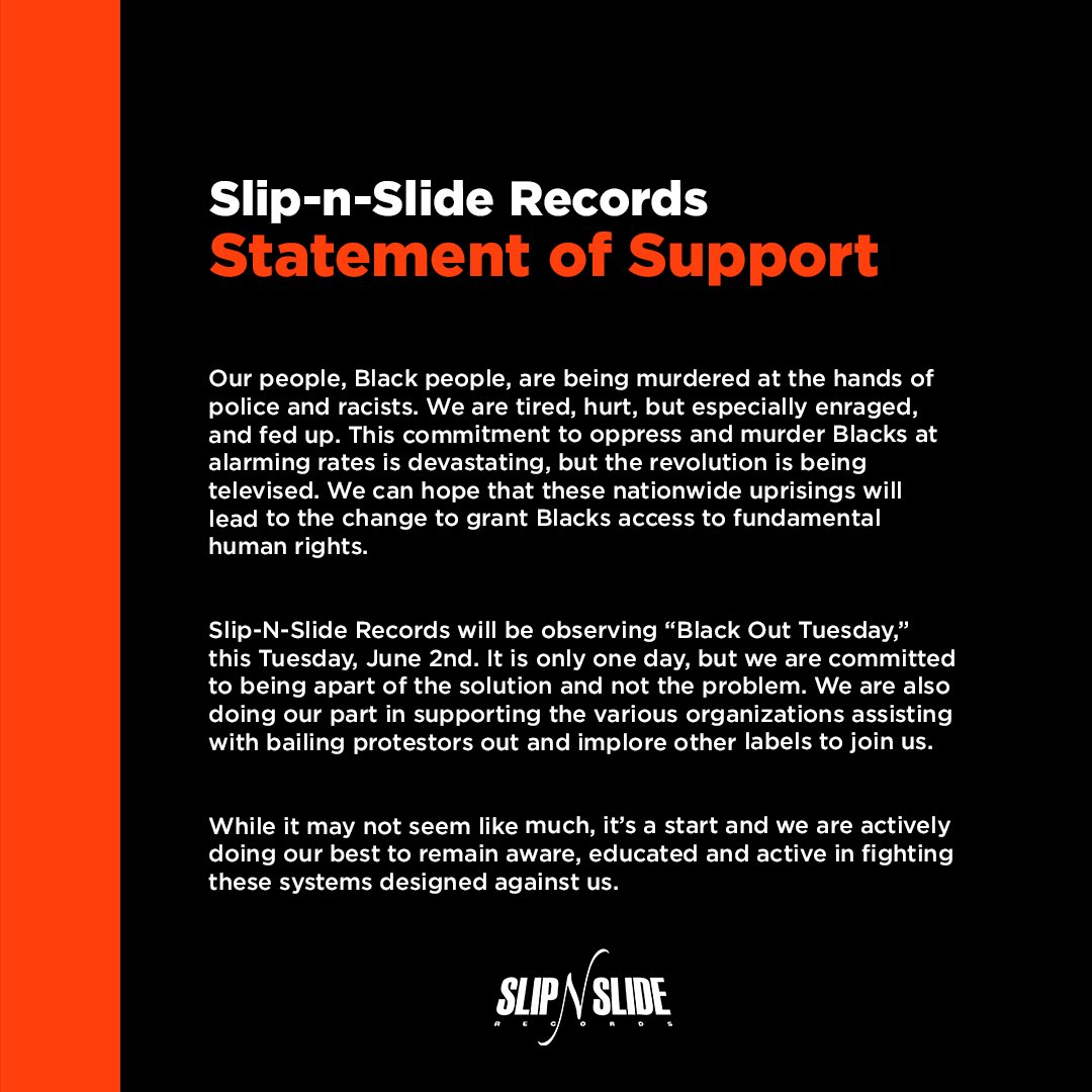 underviewscom's tweet image. Slip n’ Slide records — home of Trick Daddy, Trina, Plies, Rick Ross, and more — are making an efforts to both raise money for the fight against black injustice and support independent artists. They are creating a unique playlist with music from artists who donate to activism...
