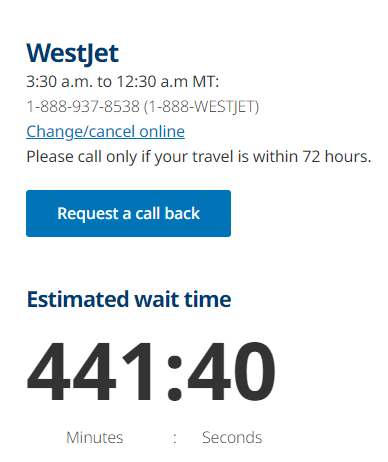 ajeep8u's tweet photo. @wildwestjet @grantshapps @WestJet Nearly 8 hours of hold time to speak with someone..... feels like a deliberate avoidance tactic.... https://t.co/iWbzM00ixc