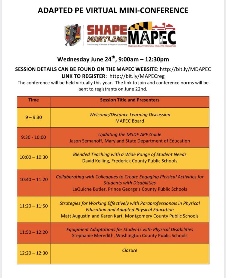 FCPSAdaptedPE's tweet photo. This FREE Conference will be held virtually this year!  It is a great conference for Gen Ed PE Teachers &amp; Adapted PE Teachers!  #apechatter #adaptedpe #PhysEd #PE #Adapted https://t.co/e549dFtowG