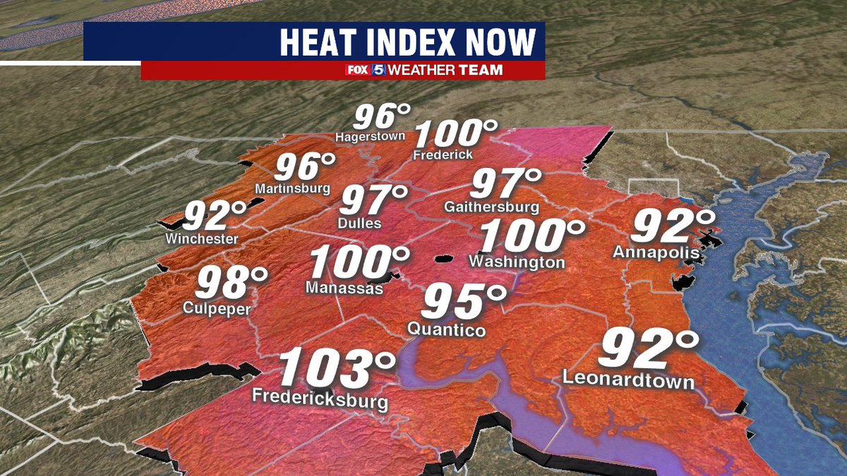 caitlinrothfox5's tweet photo. Triple digit heat index for many this afternoon plus strong storms firing over the mountains. I'll have the latest on this evening coming up at 4pm on @fox5dc https://t.co/CkaoxZWkvl