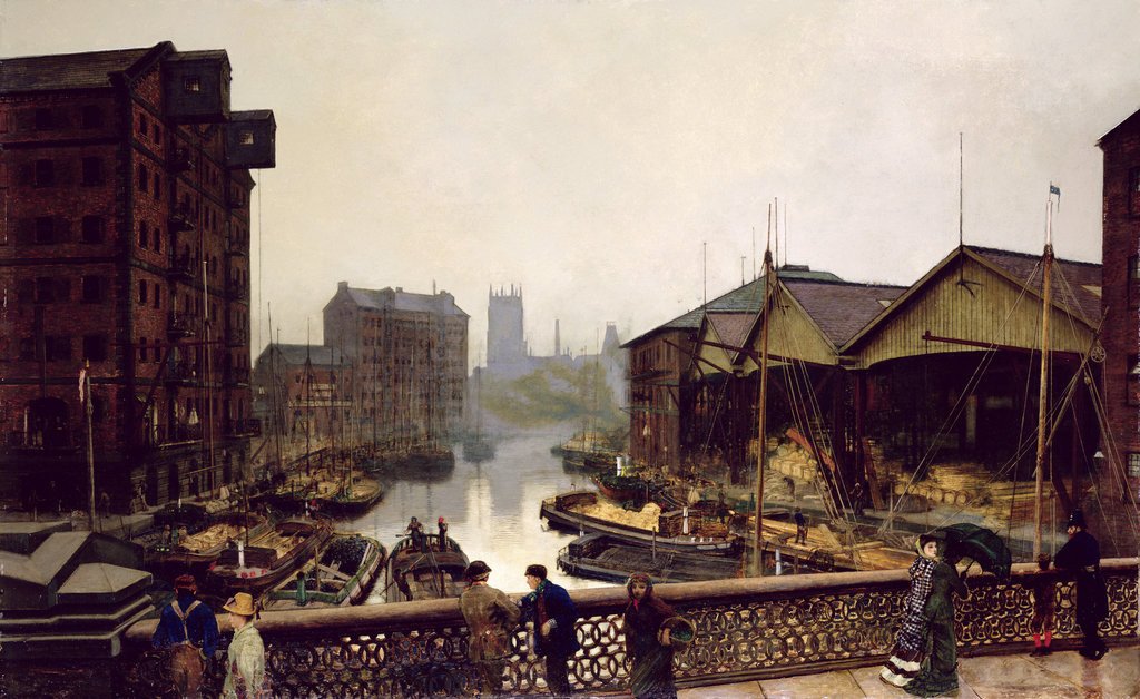 GenealogyBeech's tweet photo. 1880 view of the River Aire by John Atkinson Grimshaw (1836-1893) which is still recognisable today. The cast iron #Leeds bridge was built between 1870-73. At this time around 55,000 foot passengers crossed the bridge each Saturday https://t.co/HXi5hCsOeU #art #Yorkshire https://t.co/4xqZC7TFRS