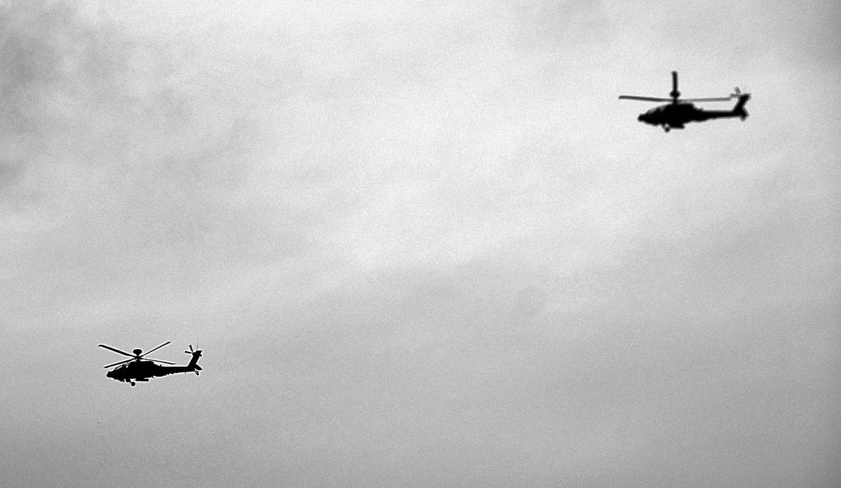 nickstew_art's tweet photo. Two "Apache" helicopters over Waterloo. They fly past here every few days, following the river, east or west. https://t.co/98XwJlpEKL