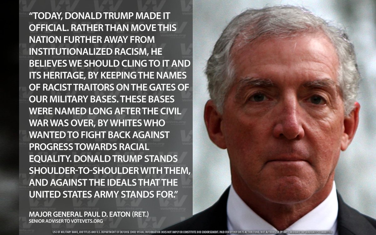 votevets's tweet photo. BREAKING: @PaulDEaton52, a former commanding general at Fort Benning, one of the bases named after Confederates, says Donald Trump’s refusal to rename those bases stands him shoulder-to-shoulder with racists.  https://t.co/8QWcCSp53l https://t.co/NJR9QoSuLD