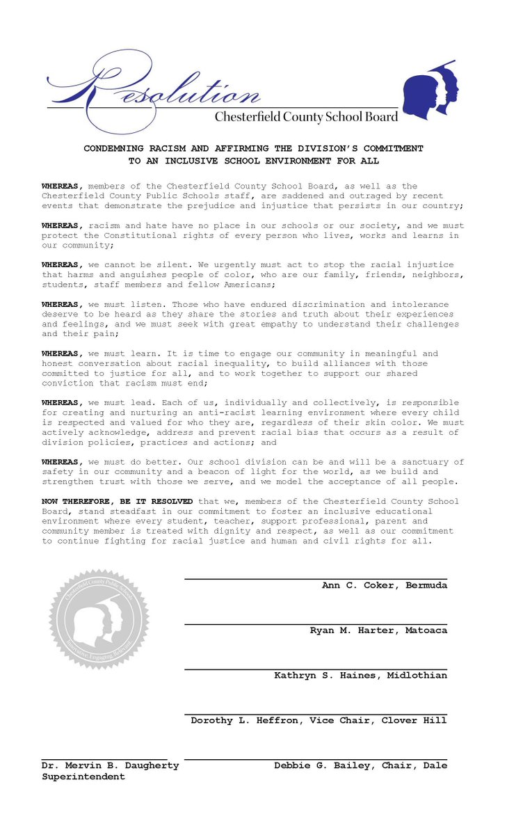 The Chesterfield County School Board unanimously approved Tuesday night this resolution condemning racism and affirming the division's commitment to an inclusive school environment for all.
#oneCCPS #CCPSstrong
