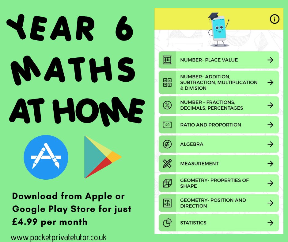 PocketPrivateT1's tweet image. Download the Pocket Private Tutor app to access a full library of Year 6 maths lessons for home study. All 49 National Curriculum learning objectives are covered with a video, worksheet(s) and past test questions. 
#mathsapp #nationalcurriculum #ageappropriate #learnathome