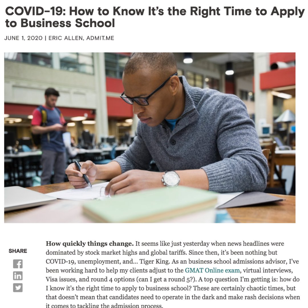 admitme's tweet photo. Founder Eric Allen talks about how to know it’s the right time to apply to business school in a recent GMAC article featuring thoughts from UNC Kenan-Flagler Business School's Danielle Richie: https://t.co/A13gtgBlq8 | @OfficialGMAT @kenanflagler #Admitme #GMAC #UNC https://t.co/rh1voHGsBo