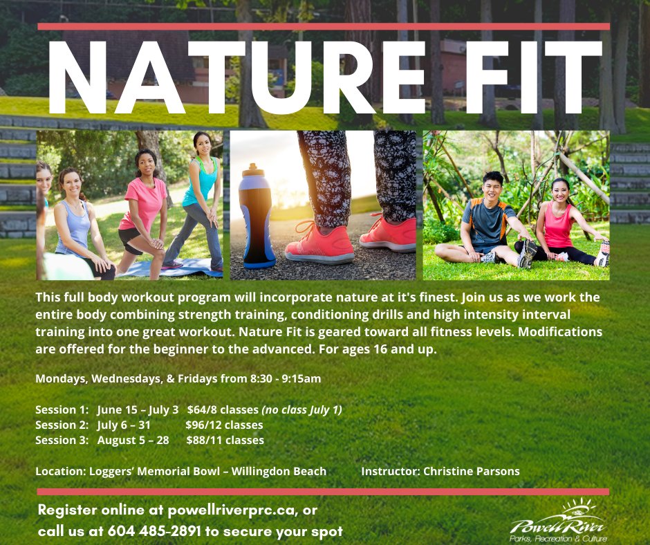 Join us in the great outdoors for Nature Fit! Starting Monday, June 15th. For ages 16 and up, this program is geared towards all fitness levels. Register online at bit.ly/2XQlrbT, or call 604 485-2891 to reserve your spot.