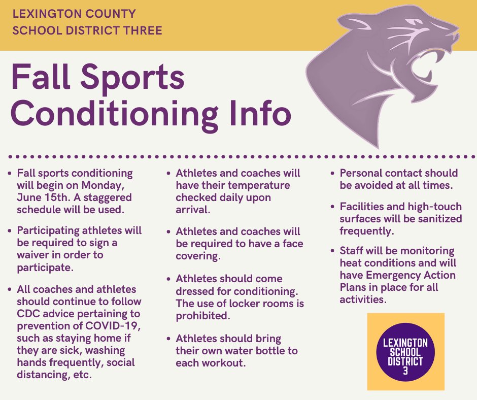 LexCounty_SD3's tweet photo. We will begin conditioning for Fall sports participants on June 15th. See the attached graphic for details. We are following guidelines &amp; recommendations from the SC High School League &amp; want to assure families that our top priority is the safety &amp; health of our students &amp; staff. https://t.co/EC0kuJketH