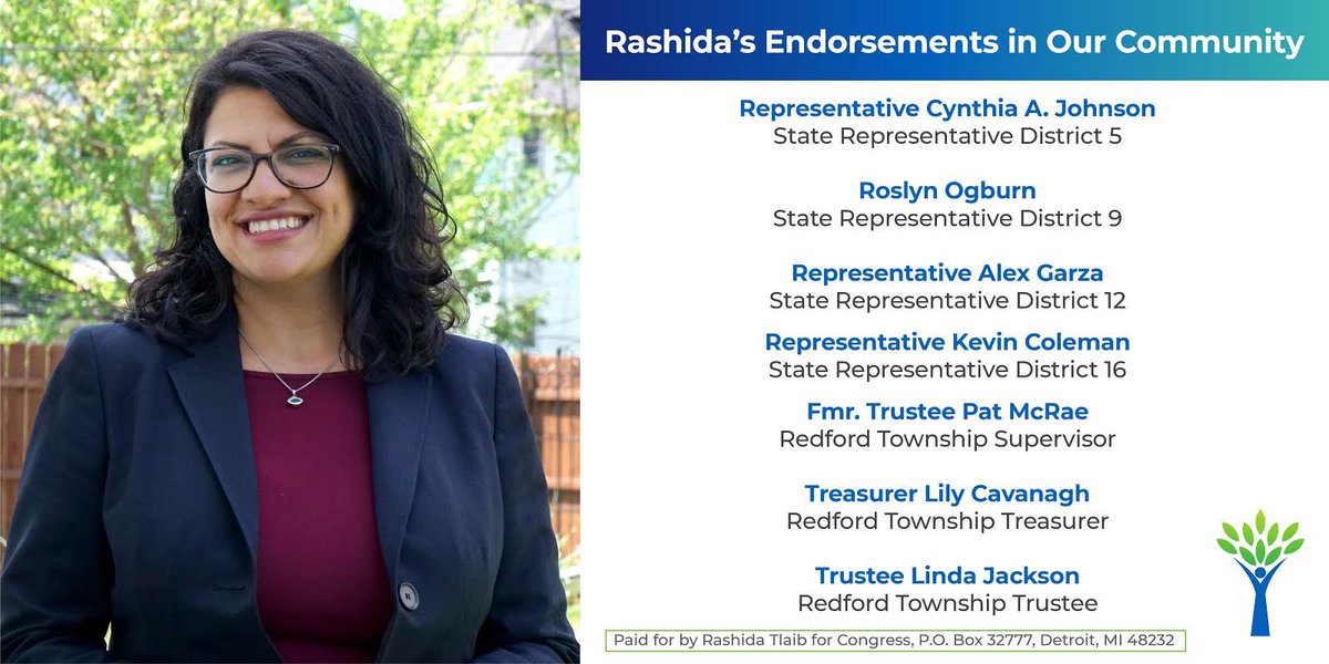 RashidaTlaib's tweet photo. I'm proud to announce the first round of my endorsement of dedicated public servants in the 13th District! They have shown day in and day out that they work hard on issues impacting our neighbors and I know we will be partners in moving the district forward! #RootedInCommunity https://t.co/t2df4cEbdN
