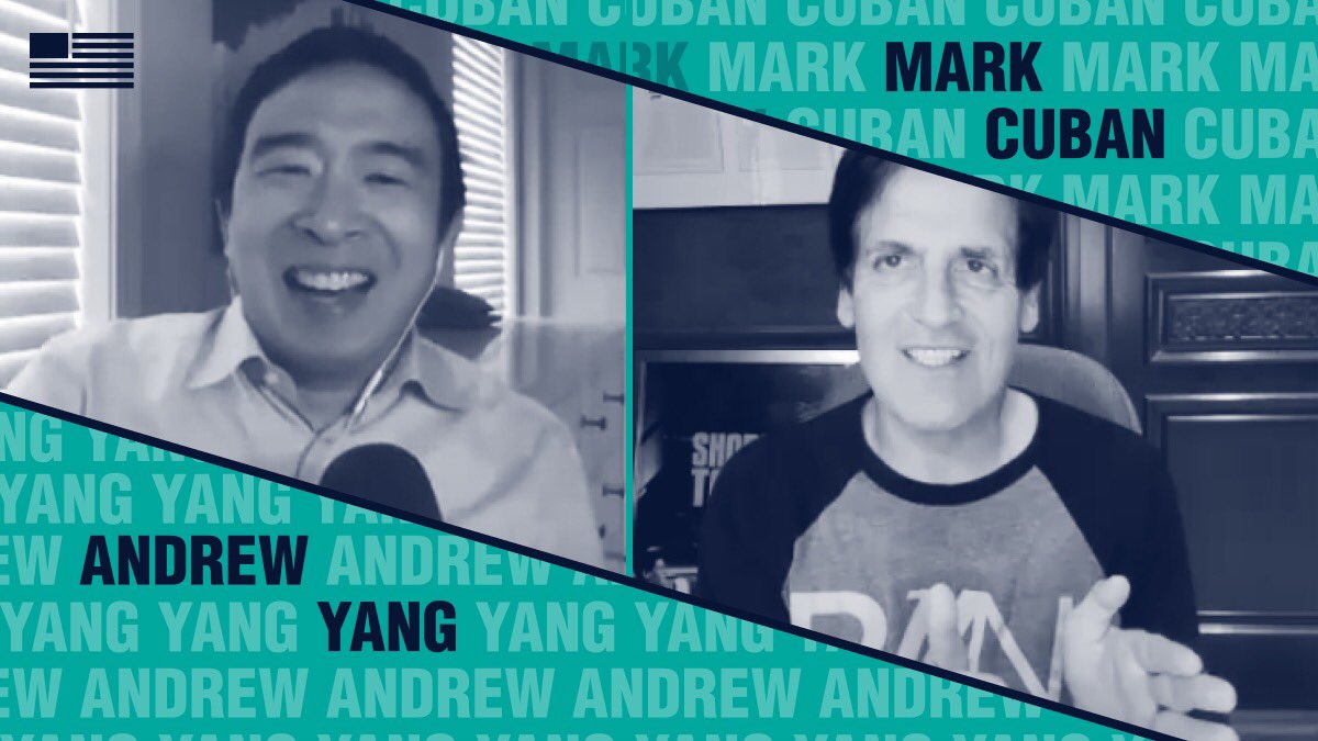 AndrewYang's tweet photo. Thursday on https://t.co/COEsnkaeeO - @mcuban and I talk about how to revive the economy, particularly for entrepreneurs and small businesses, and how close he came to running for President. https://t.co/7hKPhmKzQV