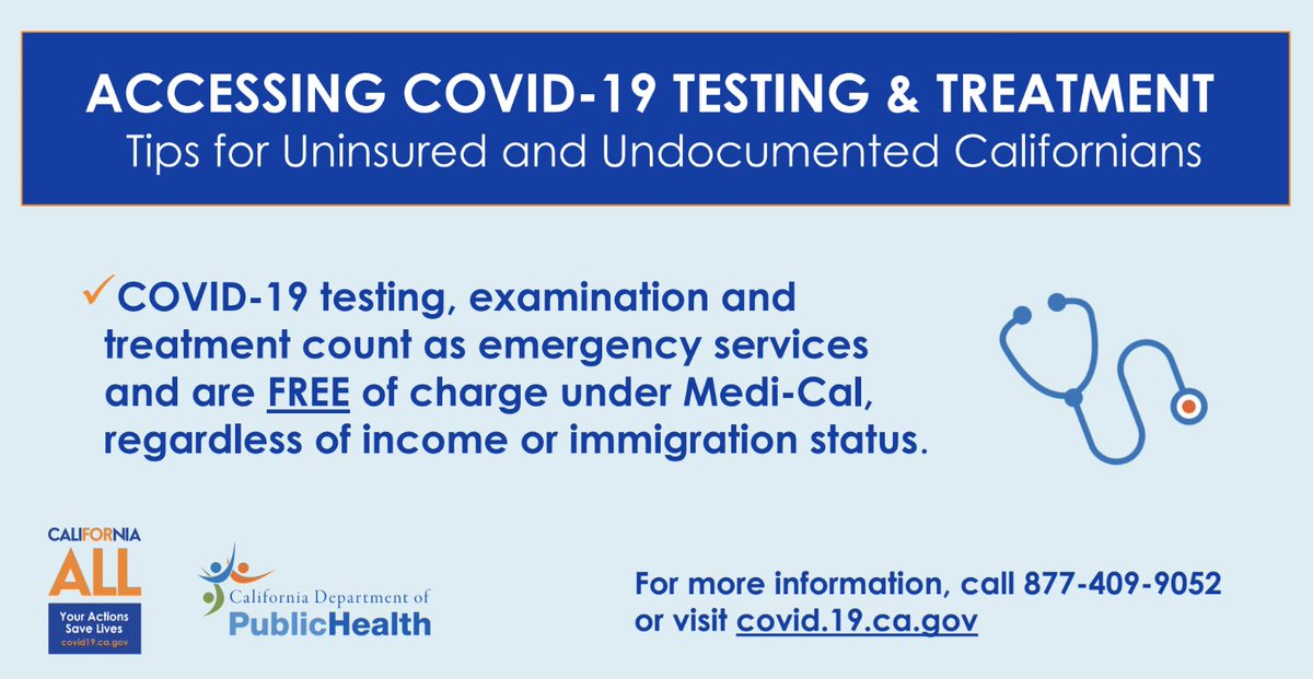 ListosCA's tweet image. Uninsured? Undocumented? Unsure? We&apos;re here to help!

Don&apos;t let fear stop you from getting the #COVID19 medical treatment you need. 🩺👩🏻‍⚕️🏥

Visit covid19.ca.gov or call 877-409-9052 for assistance.