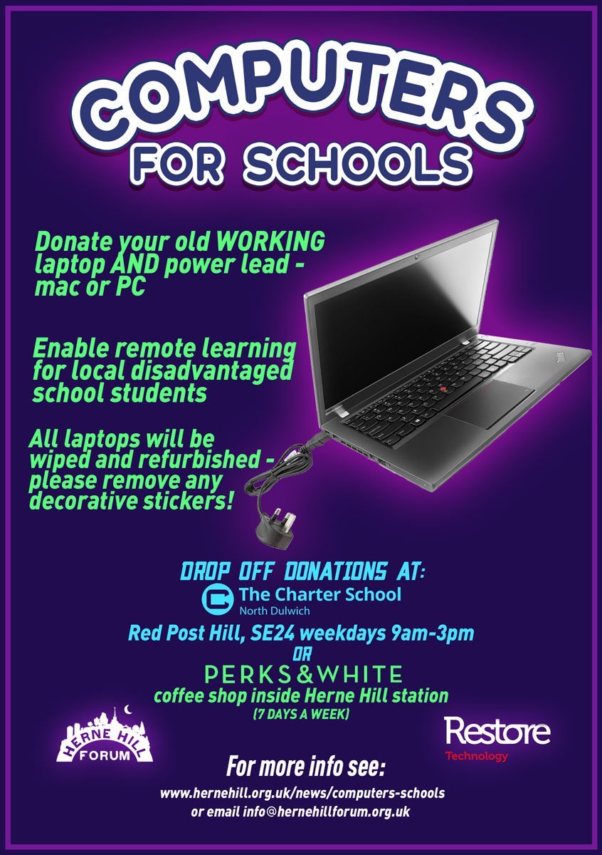Our new project to support young people homeschooling: donate an unused laptop &amp; it will be wiped and refurbed for a local school pupil. Please do RT &amp; donate if you can! hernehill.org.uk/news/computers… #hernehill