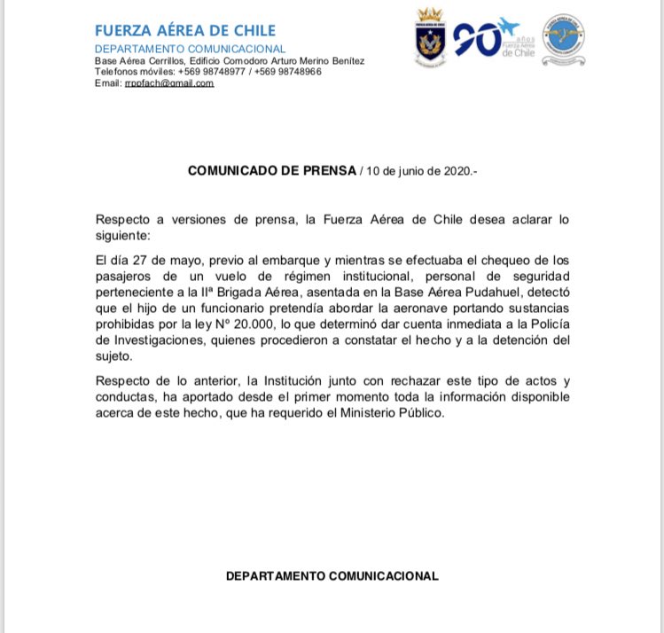 🔴En prisión preventiva quedó el hijo de un suboficial de la FACH,  acusado de intentar cargar droga en un avión institucional. Según la Fiscalía Occidente, el imputado portaba cannabis, LSD y éxtasis, avaluada en más de $3 millones de pesos. Adjunto comunicado de la FACH <a href="/biobio/">BioBioChile</a>