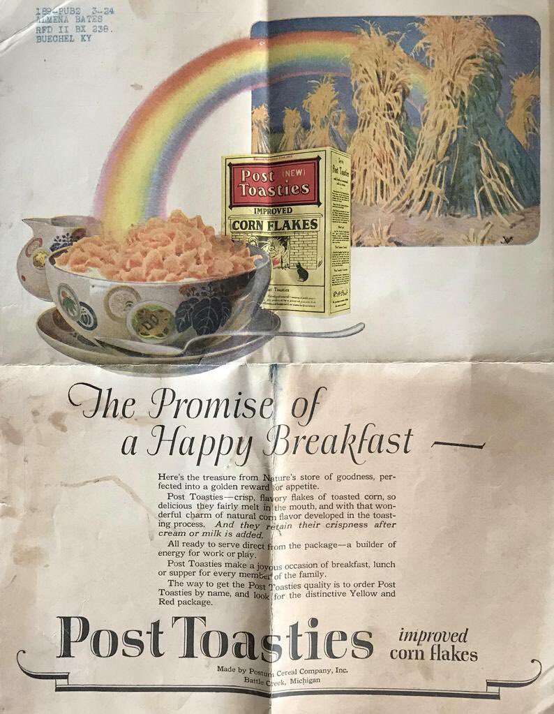 Yellowonetsy's tweet photo. Here is a 1920’s Post Toasties cereal advertisement w needlework patterns on the reverse side. I love the art on this. For sale at https://t.co/92BjKTFNLm. #vintageshowandsell #vintageadvertising #needlework #antiqueadvertising #graphicdesign #PostToasties #needleworkpattern https://t.co/BGbcgEnNNg