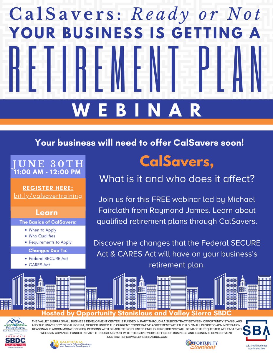 DavidLewisWhite's tweet photo. In the State of California every business will need a retirement program.   Mandated by state law.  We are offering a free webinar training class to learn more about the CalSavers program. https://t.co/vDNEds94pF