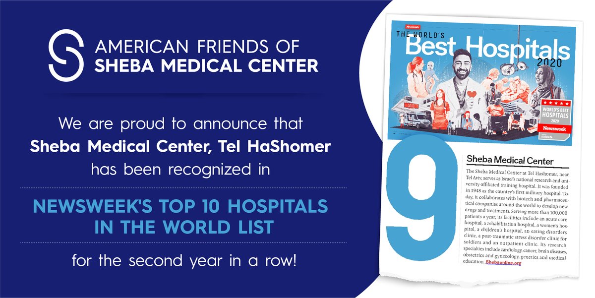 AmericanSheba's tweet photo. We are proud to announce that Sheba Medical Center, Tel HaShomer, has been recognized in 
Newsweek's' top 10 hospitals in the world list! 
For the second year in a row!

Remember to join our Webinar on June 24th', 2020, 6 PM 
for Medical Insiders' Insight into Covid-19. https://t.co/s9UZJHxcJn