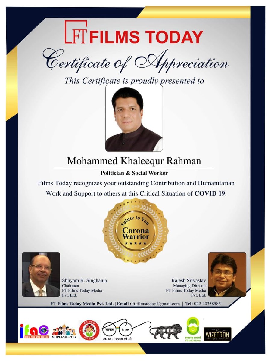Khaleeqrahman's tweet photo. My heartfelt thanks to FT Films Today, a leading Bollywood Magazine from Mumbai & its management for honouring me with this certificate of appreciation for being a #CoronaWarrior during #COVID19
#FilmsToday
#Wizetron https://t.co/Vf72tcazhD