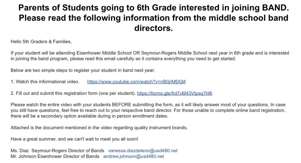 PVEPioneers's tweet photo. Future 6th graders: If you are interested in joining band in middle school, please read the info below, watch the video &amp; submit the registration form.  We encourage you to get involved in your new Middle School &amp; music is a great way to be engaged! #FutureApaches #FutureWarriors https://t.co/uu9eeGoxYv