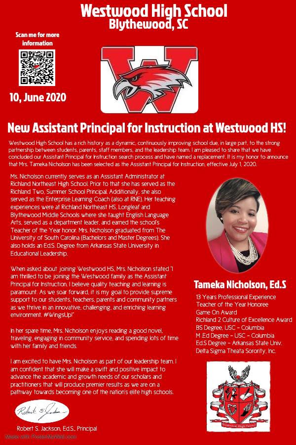 CONGRATULATIONS <a href="/MrsTNicholson/">Tameka S. Nicholson</a> on a well deserved promotion to Assistant Principal of Instruction at Westwood High School. You have shown compassion, grit, and purpose. You are an innate motivator and a dynamic woman of God! CONGRATS MY FRIEND...you deserve this!!