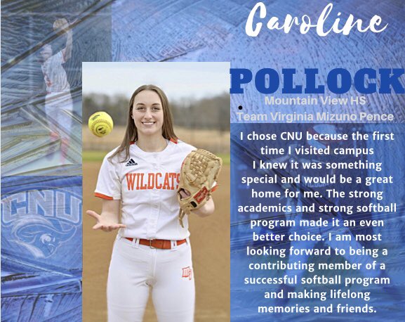 CNUSoftball's tweet photo. We welcome Caroline to our softball family! She currently plays for Team Virginia Mizuno 18u Pence and is a Mountain View HS graduate out of Stafford, VA. We are glad you are going on this four year voyage with us! https://t.co/h31nm4TeJd