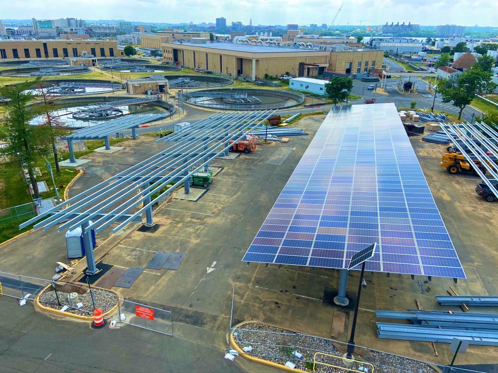 dcwater's tweet photo. Here is a sneak peak at the solar carports now being installed at our Blue Plains plant. Total energy from this phase will be 4.5 MW. #GreenEnergy @SustainDC https://t.co/9T9mxToyXc
