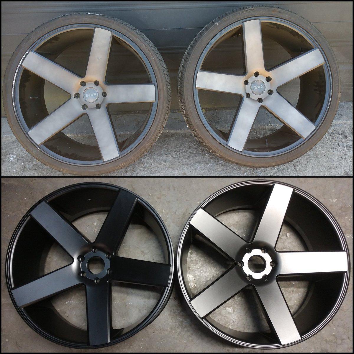 VMFAgency's tweet photo. Review: @CityPowder
Before &amp; after.
These 26" #Dub #wheels got #painted #satin #black.
How are they looking?
Let us #help you #today!
Revise: @CityPowder
Antes y después
Estas 26" #ruedas Dub se #pintaron de #satén #negro.
Como se miran ellos?
¡Permítanos #ayudarle #hoy!
#BayArea https://t.co/Y5sDu7Nblf