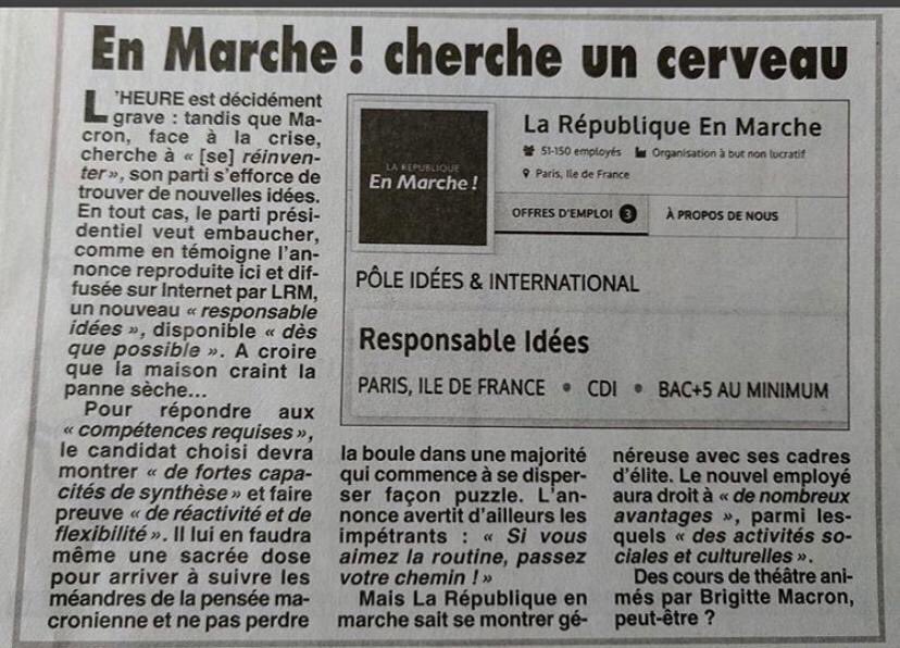 DelphinePineda's tweet photo. Attention, stoppez tout ! La République En Marche cherche un cerveau et le fait savoir 😂

@EmmanuelMacron ⁦@StanGuerini⁩ @enmarchefr⁩ #LeCasseDuSiecle ! https://t.co/OhS4K99SHj