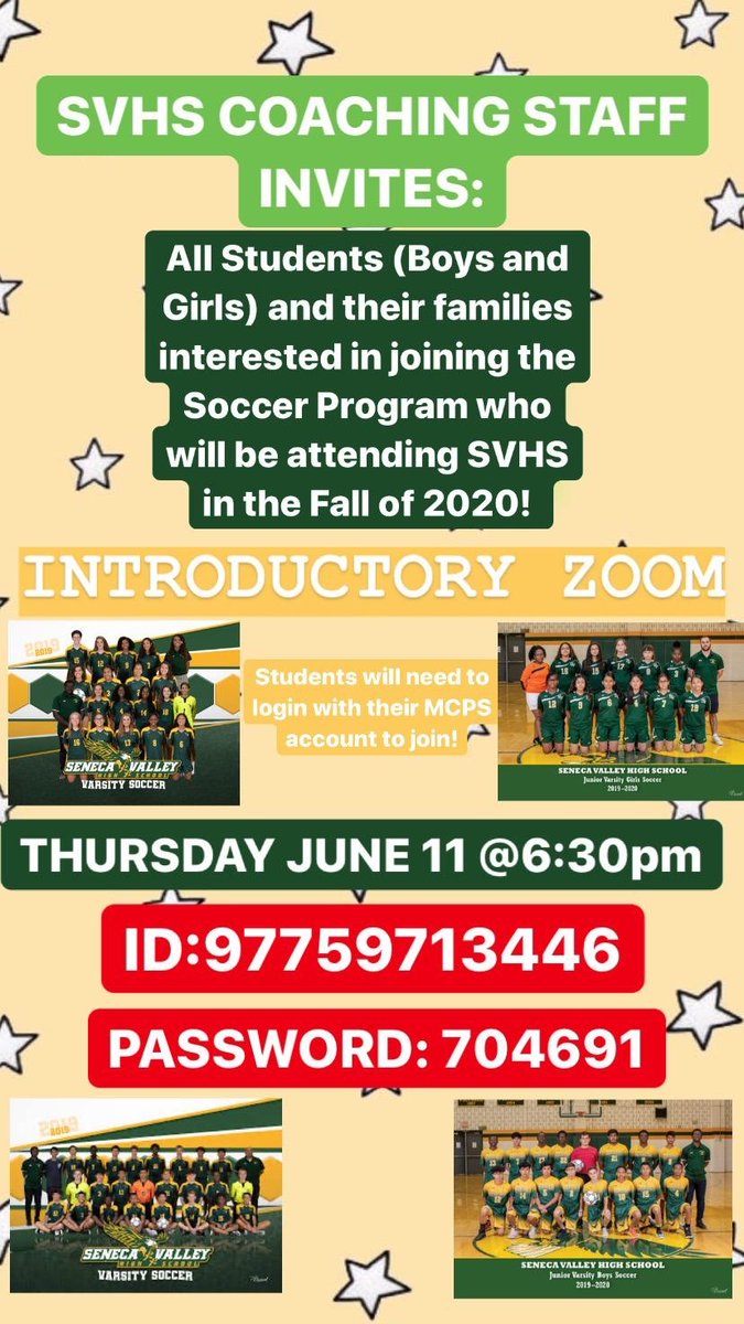 SV Community, interested in participating in soccer this fall. Please attend the zoom meeting held my SVHS Soccer coach's tomorrow evening. Information below.