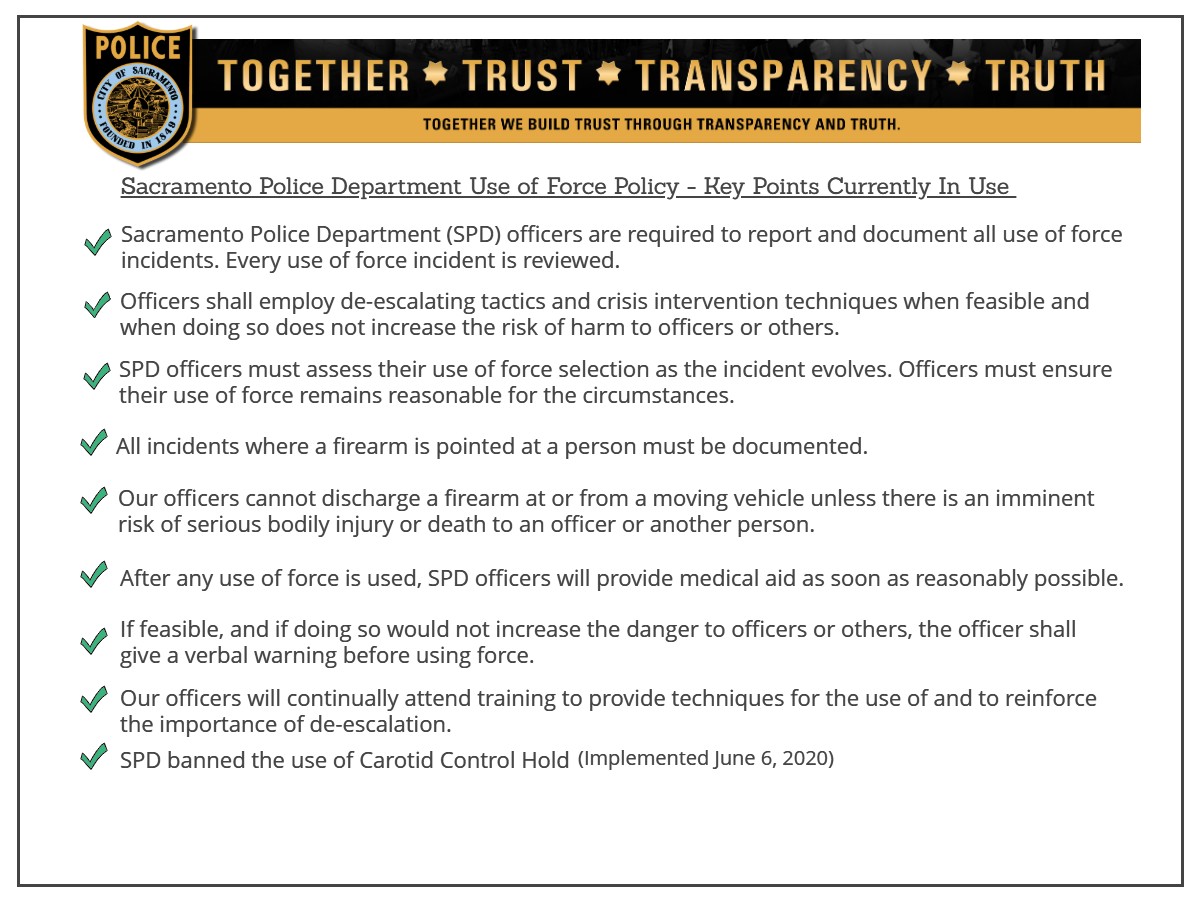 The Sacramento Police Department’s use of force policy has continued to evolve based on the needs of our community and our department.  

Learn more here: cityofsacramento.org/Police/Transpa… #sacpd