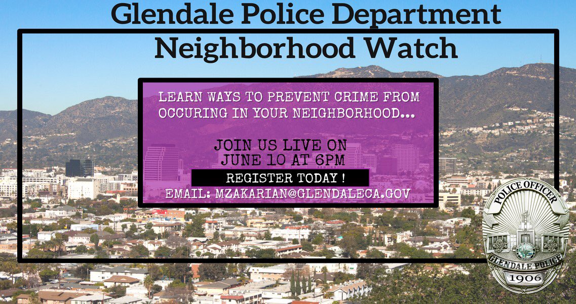 GlendalePD's tweet photo. Today is the day!
RSVP by emailing mzakarian@glendaleca.gov to attend the live neighborhood watch meeting this evening at 6pm!
#myglendale #glendaleca #keepglendalesafe #neighborhoodwatch https://t.co/lkFGayh6jS