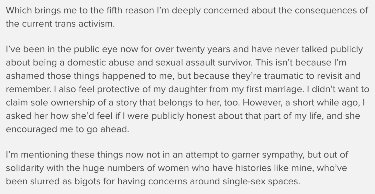 20a. Domestic abuse is disgusting and it's horrible that Rowling went through this. I'm glad she escaped to strength and independence.We should do everything we can to keep women safe from predatory men. Again - every trans person I know supports this.