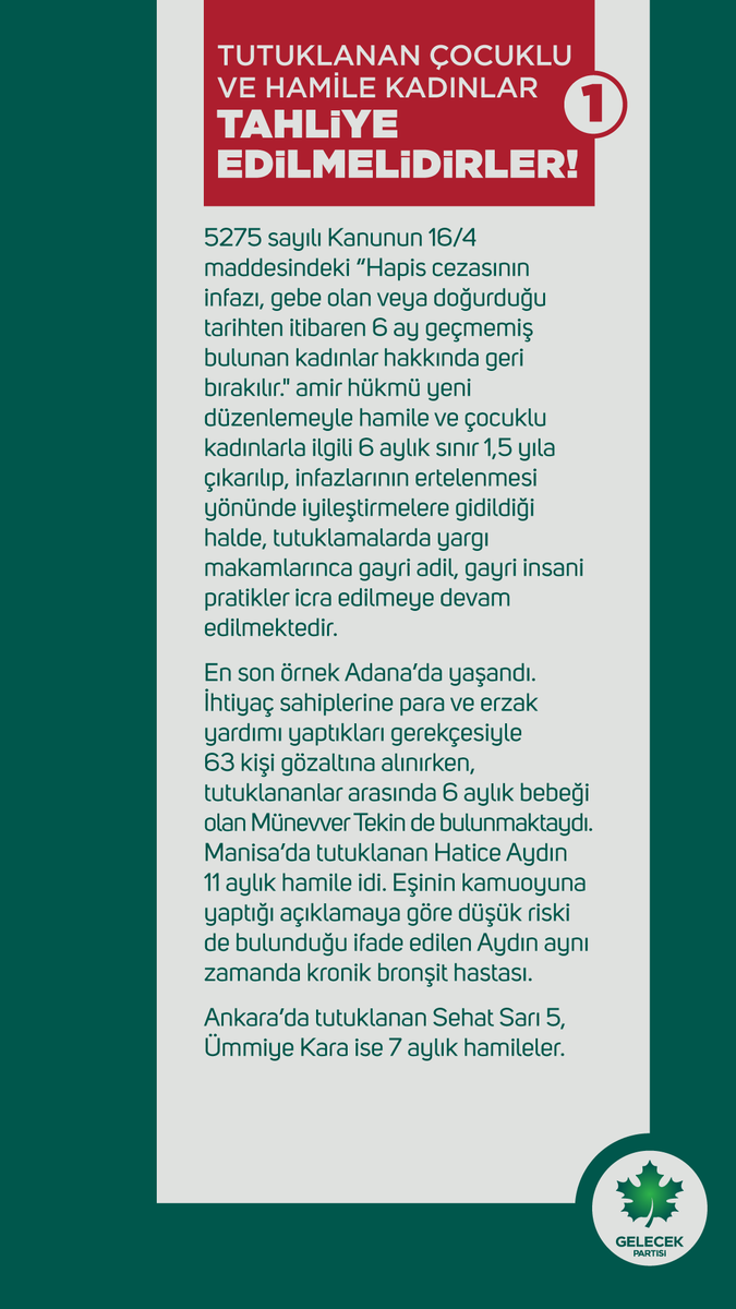 GelecekPartiTR's tweet photo. Tutuklanan Çocuklu ve Hamile Kadınlar Tahliye Edilmelidirler!

🔗https://t.co/jSZ5kN26h8 https://t.co/CXt0TeoBKq