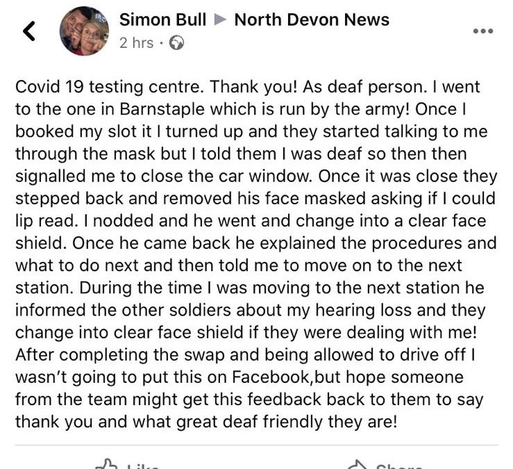 MarylaIngham's tweet image. My mother is #deaf and too often people don’t know what to say and say something foolish like “Pardon?” Really impressed by the mature and professional attitude of this @BritishArmy soldier in a COVID testing station in the SW. Thank you.