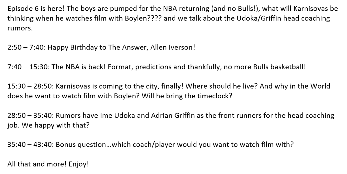 3alphasbulls's tweet photo. Episode 6 is up! 

The boys are pumped for the NBA returning, Karnisovas watching film with Boylen???? and the Udoka/Griffin head coaching rumors.

Spotify: https://t.co/CG24eDtOht

iTunes: https://t.co/CHmVTQ4ZFD

Google Music: https://t.co/zgW7VOXo5j

Listen, subscribe &amp; share! https://t.co/YNI9bopCVb