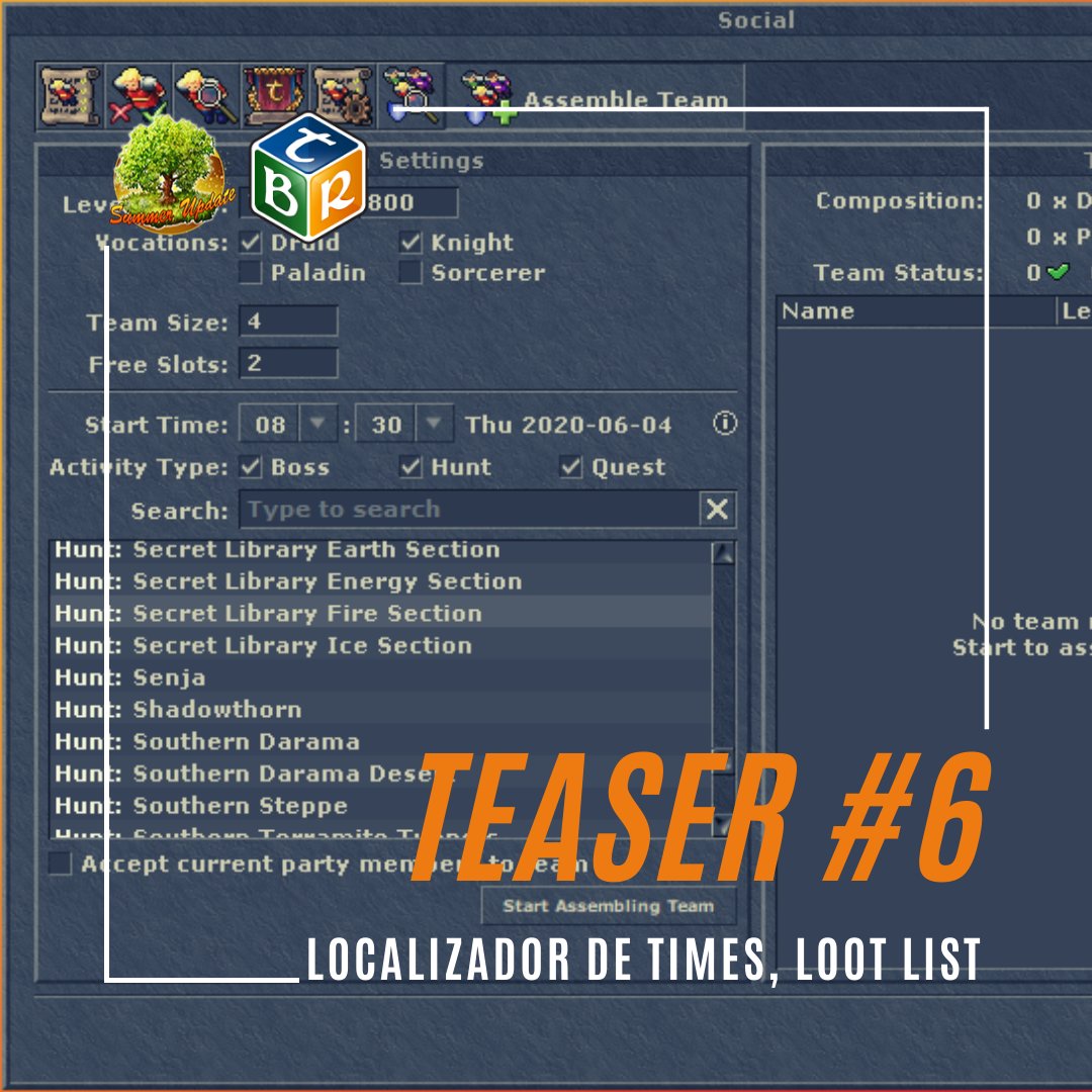 TibiaBR's tweet photo. Localizador de Times, Loot List https://t.co/bbC1GrthDL #QuickLooting #Su20 #TeamFinder #Teams #Teaser #Tibia https://t.co/RY0oSaMDSA