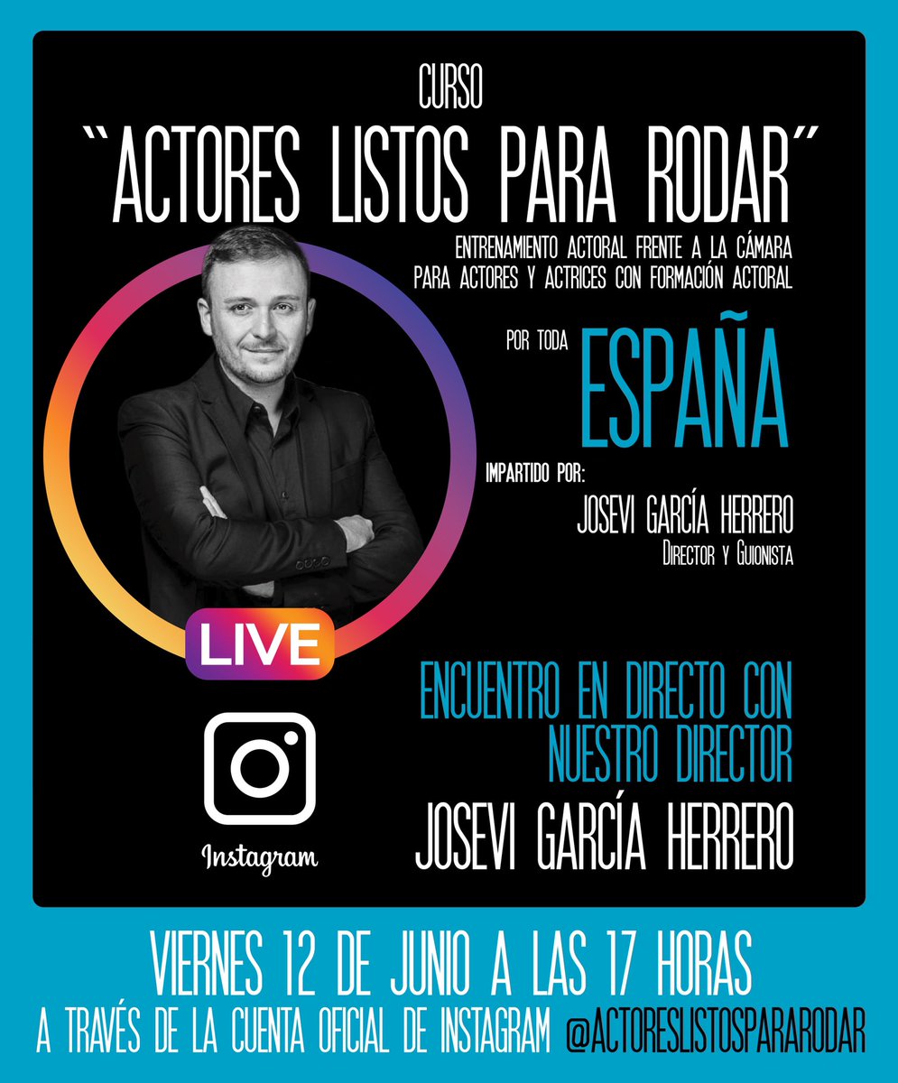 Este viernes 12 de junio estaré en vivo y en directo en Instagram, en la cuenta oficial de “Actores Listos Para Rodar”, con todas las actrices y los actores que queráis estar ahí.
¡Os espero!
Enviadme por MD vuestras preguntas, estaré encantado de responderlas.