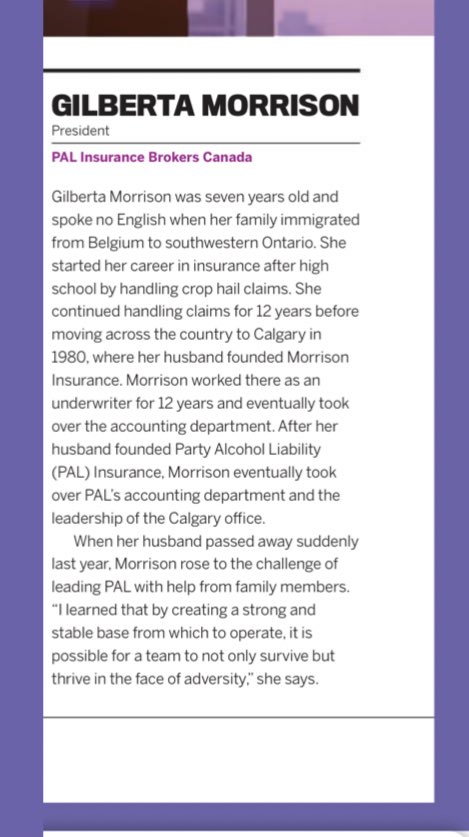PAL is so proud of Gilberta Morrison for being profiled in <a href="/InsuranceBizCA/">Insurance Business Canada</a>’s Elite Women 2020 issue! Gilberta has been with PAL since it’s inception over 30 years ago, and we couldn’t be more excited by this industry recognition for her! 🥳🥂🌟
#elitewomen #womeninbusiness